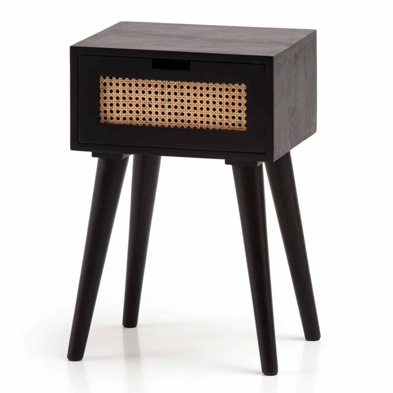 Nachtkonsole Mango Massivholz / Rattan 40x60x30 cm Nachttisch Schwarz von Wohnling