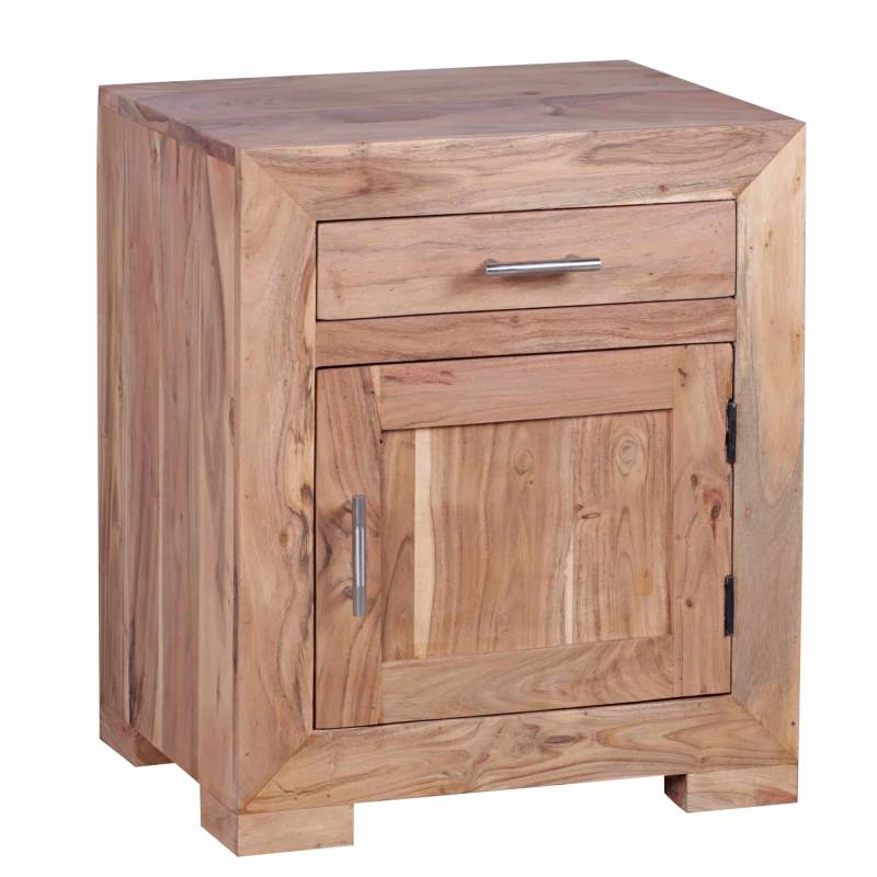 Nachttisch MUMBAI Massivholz Akazie Design Nachtkommode 60 cm mit Schublade und Tür Nachtschrank für Boxspringbett von Wohnling