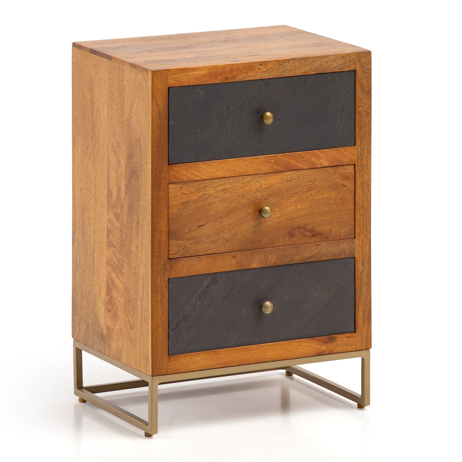 Nachttisch Mango Massivholz Steinoptik 3 Schubladen Braun Metallgestell 40x60x30 cm von Wohnling