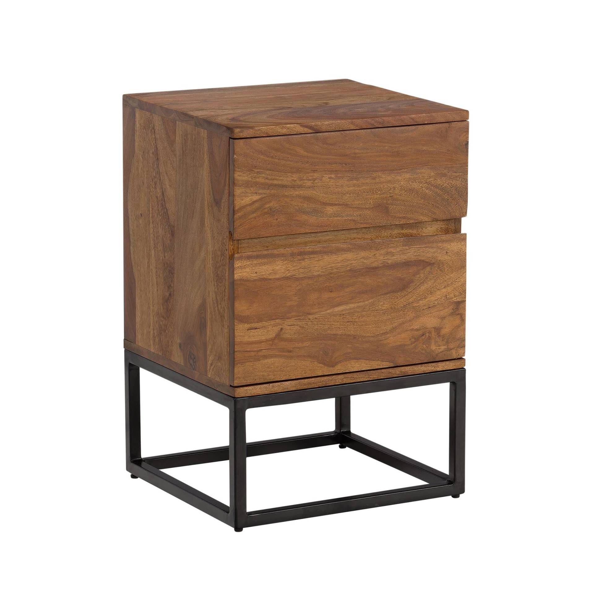 Nachttisch Sheesham Massivholz Metall 2 Schubladen Industrial 40x38x60cm von Wohnling
