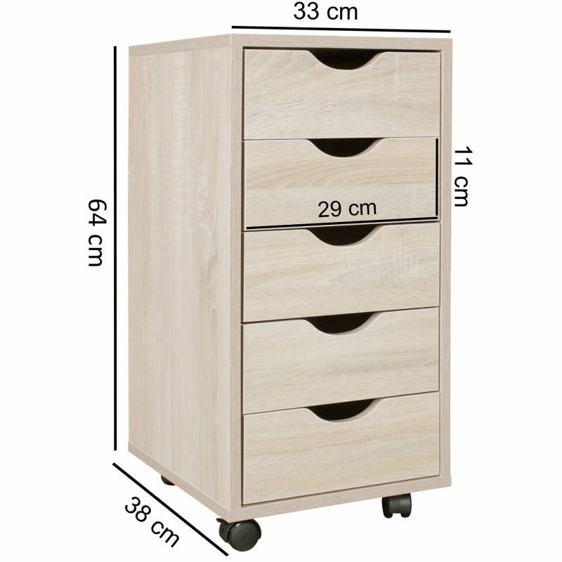 Rollcontainer 33 x 64 x 38 cm MDF-Holz 5 Schubladen sonoma von Wohnling