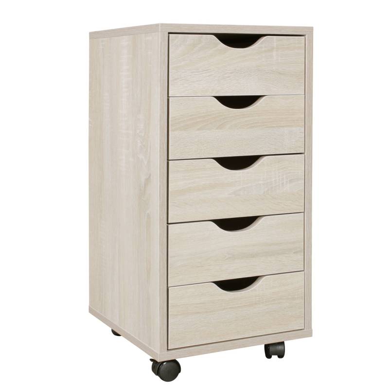 Rollcontainer MDF 5 Schubladen Sonoma 33x64x38cm Modern Bürocontainer mit Rollen von Wohnling
