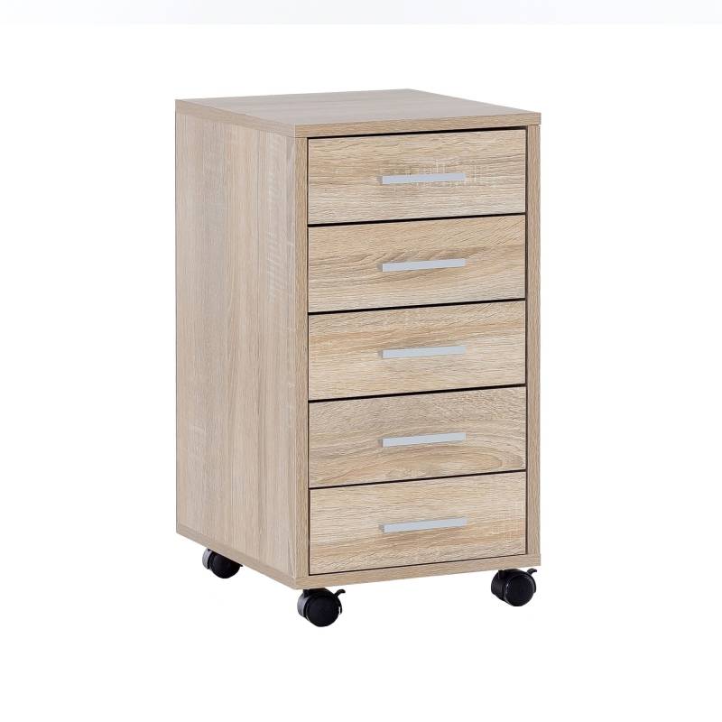 Rollcontainer Sonoma Holz 33x63x38cm 5 Schubladen Schreibtischcontainer mit Rollen von Wohnling