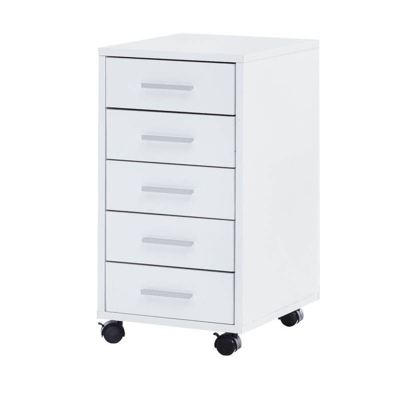 Rollcontainer Weiß Holz 33x63x38cm 5 Schubladen Büro Schreibtischcontainer mit Rollen von Wohnling