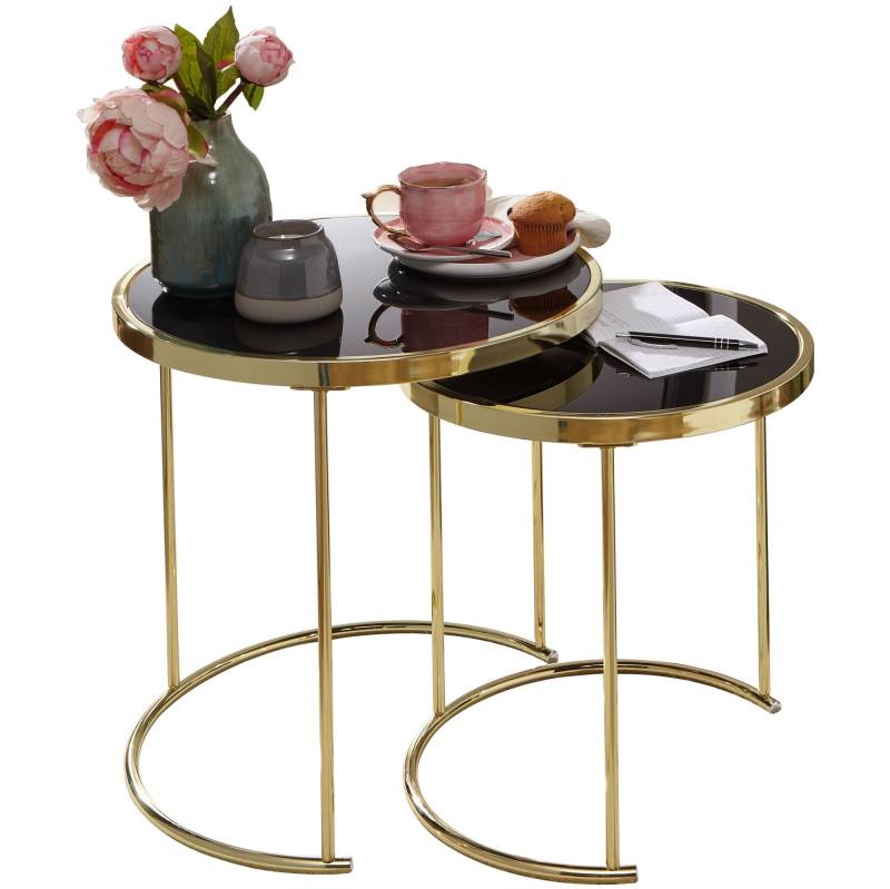 Satztisch Set COMO Metall Glas Schwarz Gold Beistelltisch Couchtisch modern von Wohnling