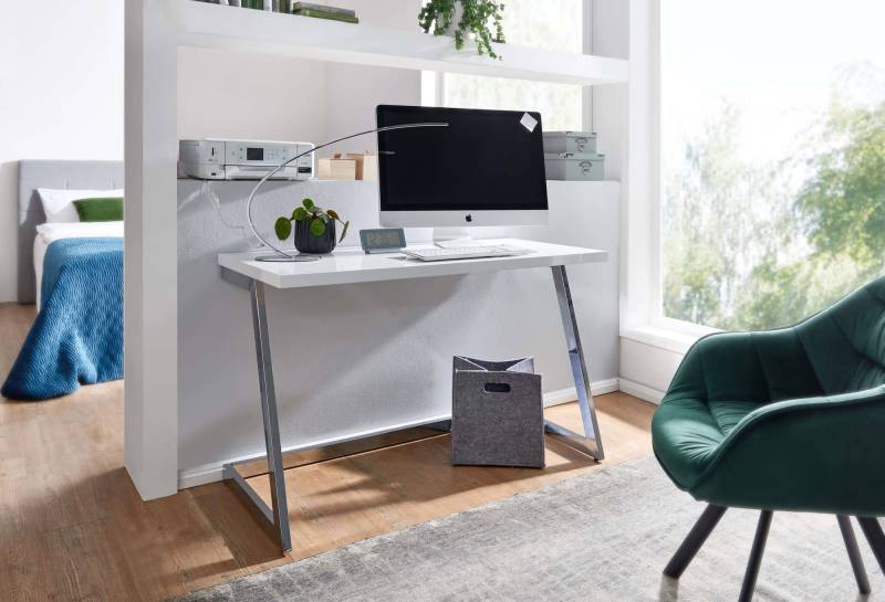 Schreibtisch 120x55x76 cm Hochglanz Weiß / Silber PC-Tisch mit Metallbeine von Wohnling