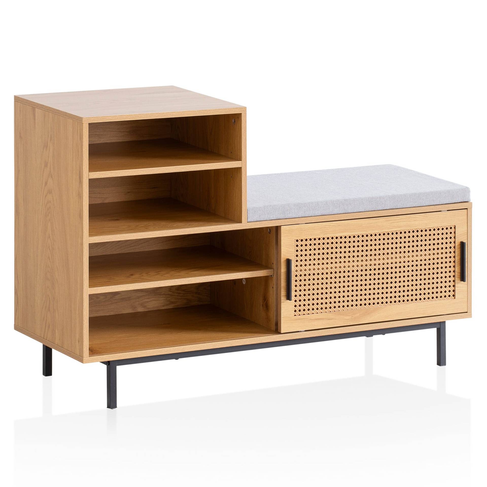 Schuhbank Eiche-Dekor 120x75,5x40cm Rattan gepolstert Stauraum Schiebetür Flur Schuhbank Eiche-Dekor 120x75,5x40cm Rattan gepolstert Stauraum Schiebetür Flur von Wohnling