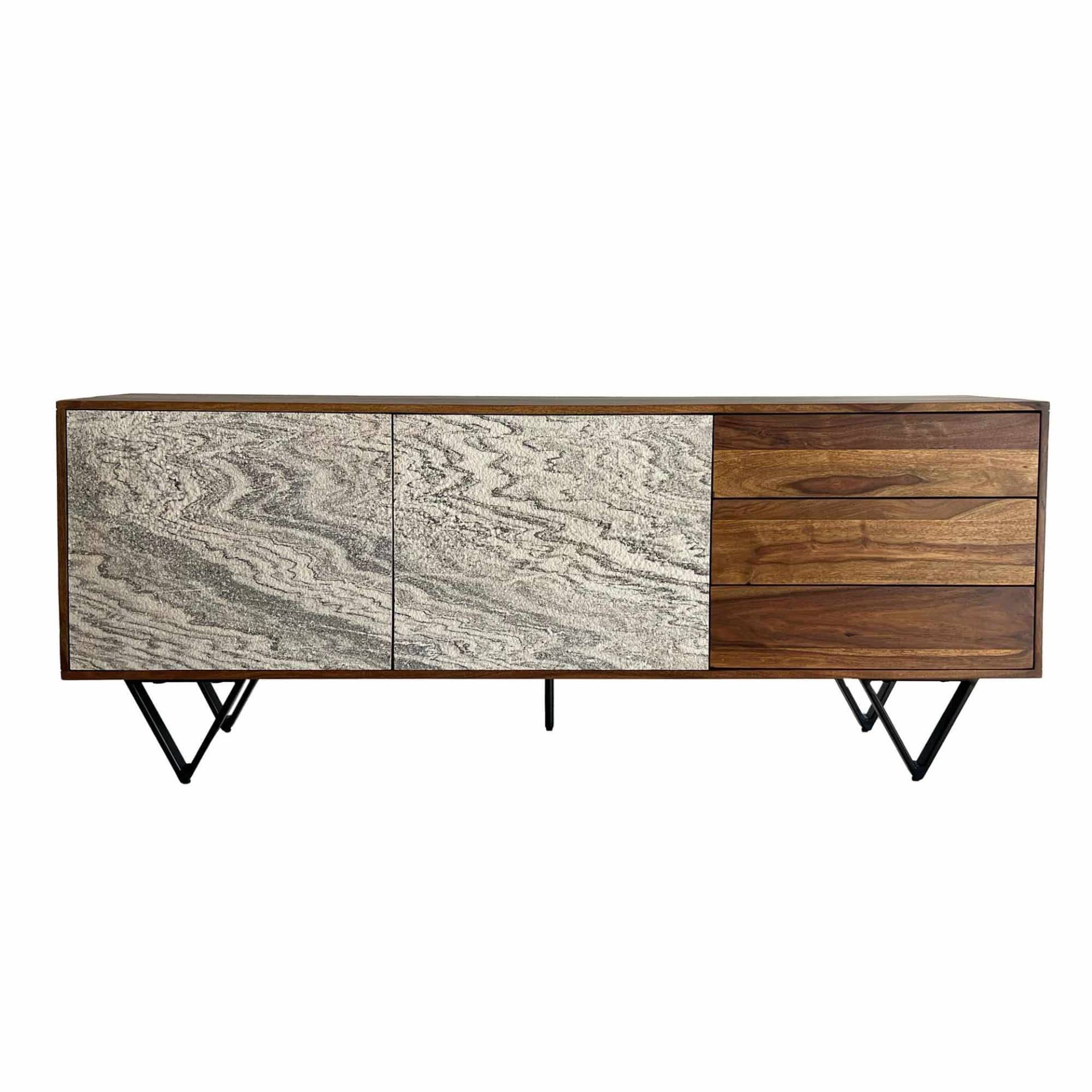 Sideboard 175x71x40 cm Sheesham Massivholz Kommode mit Steinoptik Weiß von Wohnling