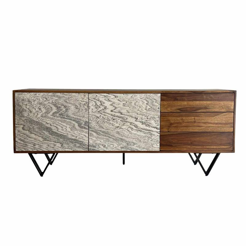 Sideboard 175x71x40 cm Sheesham Massivholz Kommode mit Steinoptik Weiß von Wohnling