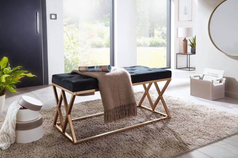 Sitzbank Samt Schwarz 90x46x44 cm Flur Polsterbank mit Metallgestell von Wohnling