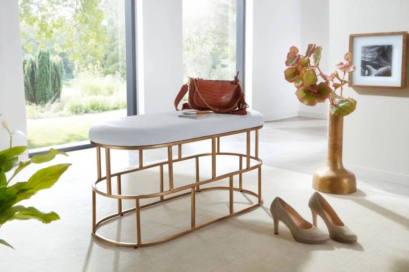 Sitzbank Samt Weiß / Gold 90x46x38 cm Flur Polsterbank mit Metallgestell von Wohnling