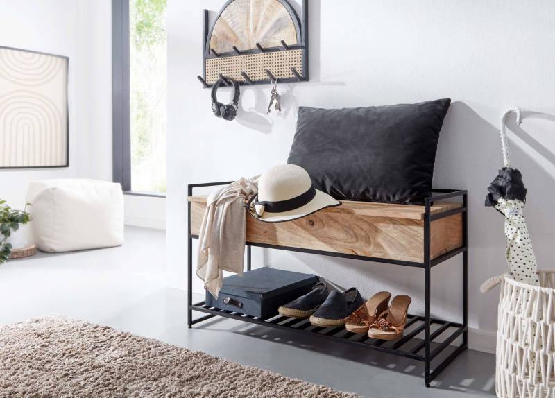Sitzbank mit Stauraum 90x52x38 cm Mango Massivholz / Metall Flurbank Braun von Wohnling