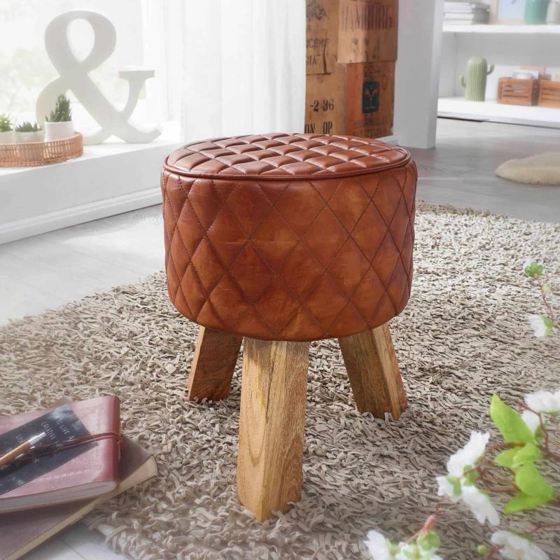 Exklusiver Mango Holz und Echtleder Sitzhocker mit Rautenmuster - Moderne Eleganz für Ihr Zuhause von Wohnling