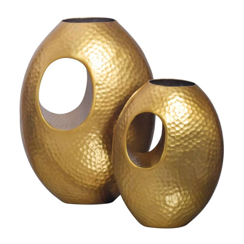 Vase 2er Set Aluminium Gold Hammerschlag Modern mit Tragegriff Handgefertigt von Wohnling