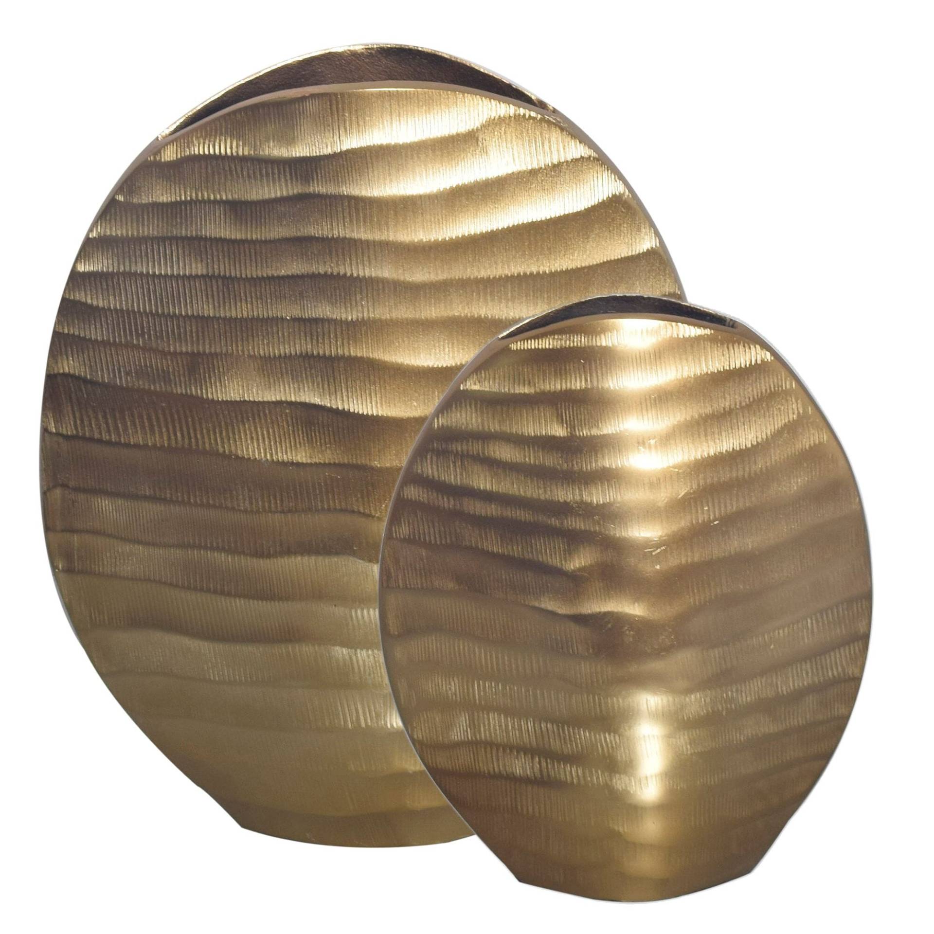 Vase 2er Set Aluminium Gold Wellenmuster Modern Rund Handgefertigt von Wohnling