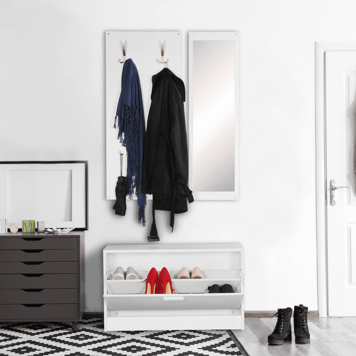 Wand-Garderobe SALERNO mit Spiegel & Schuhschrank Spanplatte weiß von Wohnling