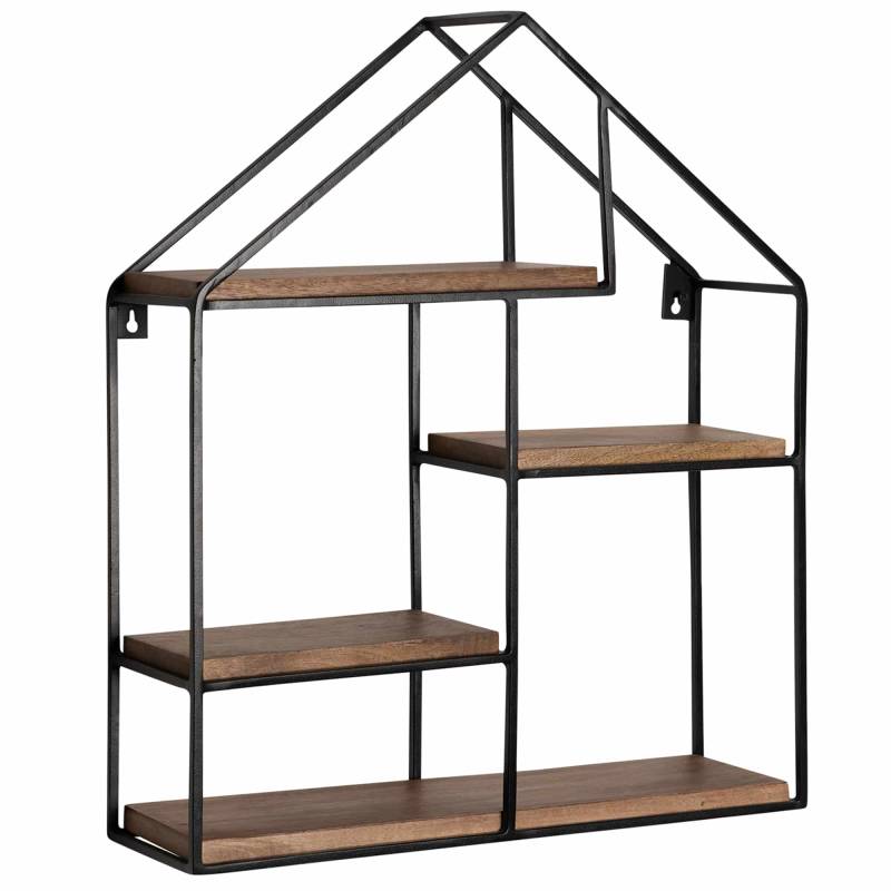 Wandregal 50x60x14 cm Mango Massivholz / Metall Hängeregal in Haus-Form von Wohnling