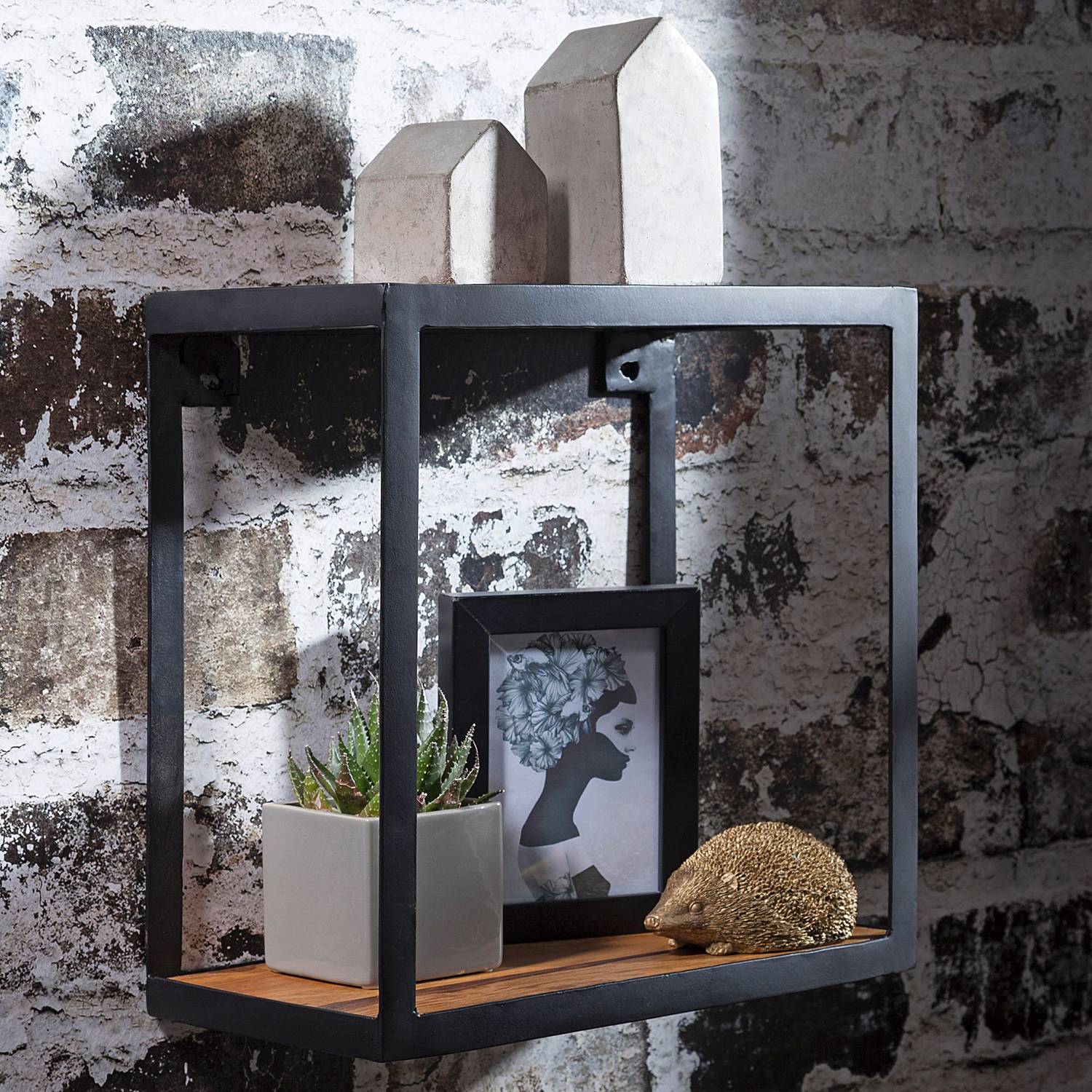 home24 Wandregal Collina Ablagen: Sheesham Massiv, lackiert Rahmen: Metall Braun 35 x 35 x 18cm von home24