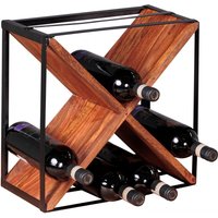 Weinregal Massiv-Holz Sheesham Flaschenregal Standregal für ca. 16 Flaschen mit Metallrahmen Holzregal X-Form von Wohnling