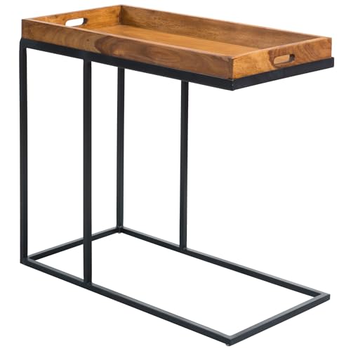 Wohnling Beistelltisch WL5.667 Sheeshamholz 70x65x34 cm mit Metallgestell, Design TV-Tray Tabletttisch Wohnzimmer, Kleiner Serviertisch Naturholz, Abstelltisch Holz Metall Tablett von Wohnling