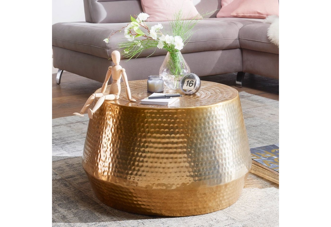 Wohnling Couchtisch Couchtisch 60x36x60 cm Aluminium Beistelltisch Gold Orientalisch Rund von Wohnling