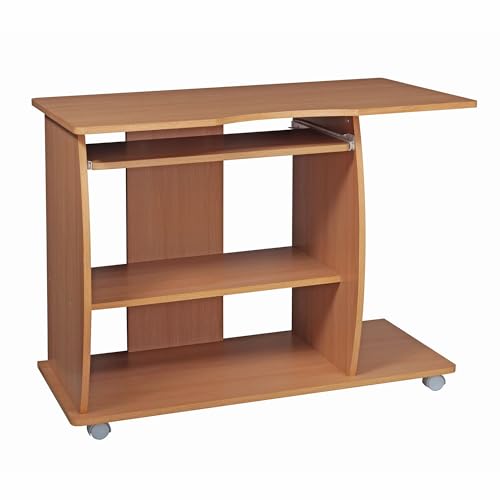 Wohnling Computertisch GRASSE rollbar Buche 90 x 71 x 50 cm mit Tastaturauszug, Laptop Tisch auf feststellbaren Rollen, PC-Tisch mit Drucker-Ablage platzsparend, Schreibtisch für kleine Räume von Wohnling