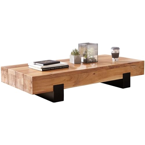 Wohnling Couchtisch 130x59x25cm Akazie Vollholz/Metall Sofatisch, Design Wohnzimmertisch Modern, Stubentisch Braun/Schwarz, Designer Kaffeetisch Massiv, Tisch Wohnzimmer Rechteckig von Wohnling