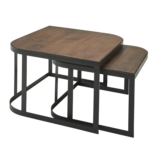 Wohnling Couchtisch 2er Set Mango Massivholz/Metall Wohnzimmertisch Dunkel, Industrial Satztisch Beistelltisch Metallbeine Schwarz, Tischset 2-teilig Satztisch Holz von Wohnling