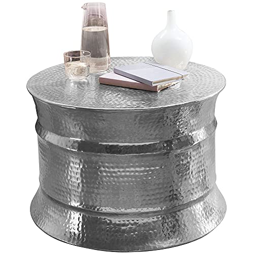Wohnling Couchtisch 62x41x62cm Aluminium Silber Beistelltisch orientalisch rund | Flacher Hammerschlag Sofatisch Metall | Design Wohnzimmertisch modern | Loungetisch indisch Stubentisch klein von Wohnling
