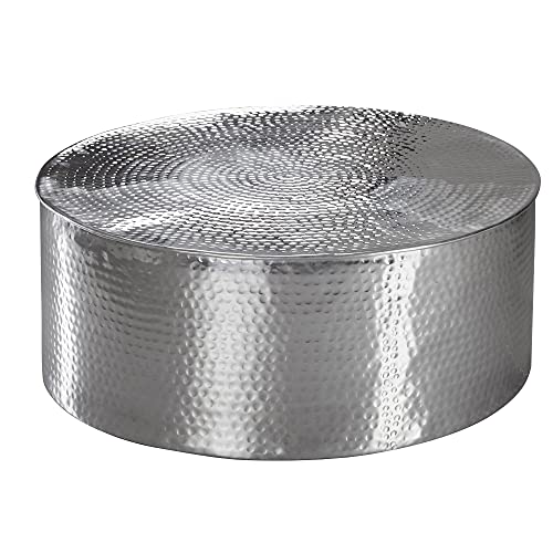 Wohnling Couchtisch 75x31x75 cm Aluminium Beistelltisch Silbern Orientalisch Rund, Flacher Hammerschlag Sofatisch Metall, Design Wohnzimmertisch Modern, Loungetisch Indisch Stubentisch Klein von Wohnling