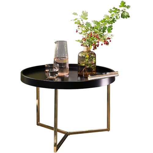 Wohnling Couchtisch JESI 58,5x42x58,5cm Schwarz/Gold Sofatisch Metall Rund, Designer Retro Wohnzimmertisch modern, Kleiner Loungetisch mit Metallgestell, Runder Tabletttisch mit Holz-Platte von Wohnling