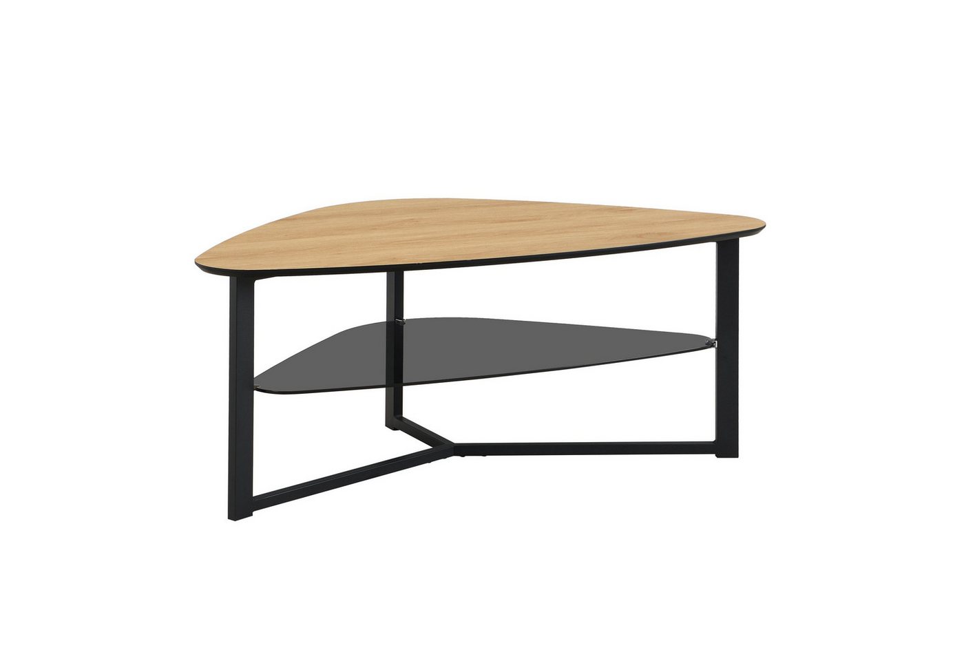 Wohnling Couchtisch Wohnzimmertisch Nierenförmig Eiche Optik Glas Ablage 110 cm (Sofatisch Nierenform 110 cm Eiche Optik Retro), Wohnzimmertisch mit Glasablage, Metallgestell von Wohnling