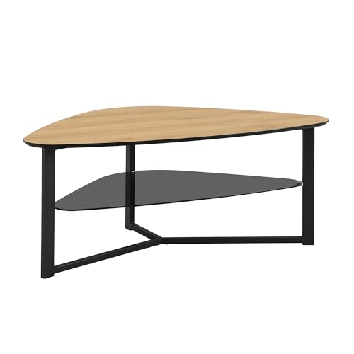 Wohnling Couchtisch nierenförmig Eiche Optik 110 cm mit Glasablage & Metallgestell, Großer Wohnzimmertisch im Retro-Design, Stabiler Sofatisch Beistelltisch von Wohnling