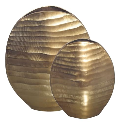 Wohnling Deko Vase 2er Set Aluminium Gold Blumenvase Wellenmuster Modern, Dekovase Rund 2-teilig für Blumen, Alu Tischvase Wohndeko Metall Tischdeko Handgefertigt von Wohnling