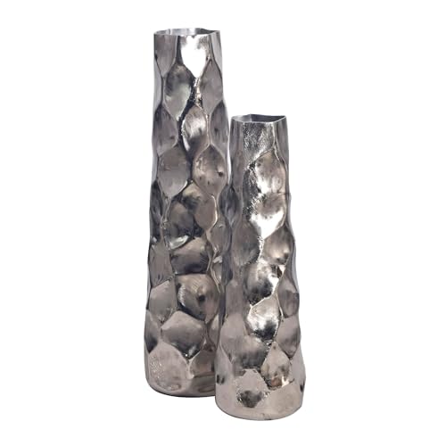 Wohnling Deko Vase 2er Set Aluminium Silber Blumenvase Modern, Dekovase Hammerschlag-Design 2-teilig für Blumen, Alu Tischvase Wohndeko Metall Tischdeko Handgefertigt von Wohnling