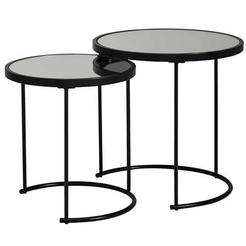 Wohnling Design Beistelltisch Rund Ø 50/42 cm - 2 teilig Schwarz mit Spiegel Glas, Wohnzimmertisch 2er Set, Satztisch verspiegelt, Couchtisch von Wohnling