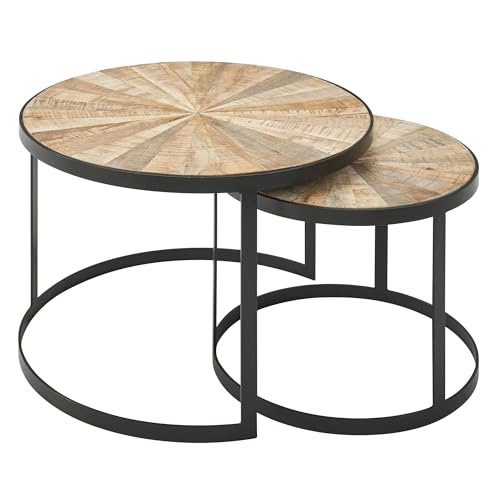 Wohnling Design Couchtisch 2er Set Mango Massivholz Satztisch Rund, Wohnzimmertisch mit Metallbeine Braun, Tischset 2-teilig Satztisch Holz/Metall Schwarz von Wohnling