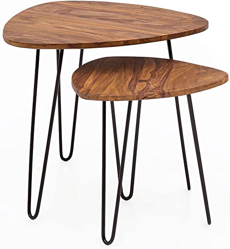 Wohnling Design Satztisch WL5.659 Sheesham Metall Beistelltisch 2er Set Klein, Couchtisch Set 2 Holz Tische, Massivholz Wohnzimmertisch Metallgestell, Schmaler Sofatisch Ablagetisch von Wohnling