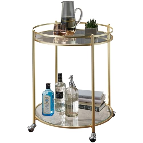 Wohnling Design Servierwagen Gold Ø 57 cm Beistelltisch, Teewagen Metall mit Rollen, Küchenwagen mit Glasplatten, Barwagen Rund 75 cm hoch, Küchentrolley Modern, Rollwagen von Wohnling