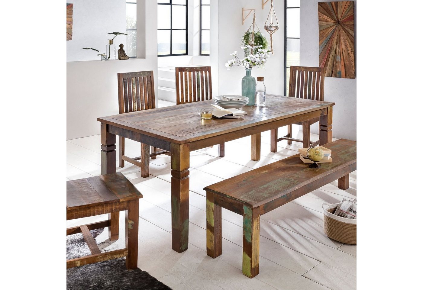 Wohnling Esstisch Esszimmertisch Kalkutta 120 x 70 x 76 cm, Massivholz Esstisch für 4-6 (Personen, Küchentisch Bootsholz Shabby Chic, Tisch Esszimmer), Personen, Küchentisch Bootsholz Shabby Chic, Tisch Esszimmer von Wohnling