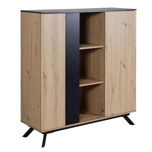 Wohnling Highboard 110x125x40 cm MDF Sideboard in Eiche-Dekor/Schwarz, Kommode mit 2 Türen, Kommodenschrank mit Regal, Flurschrank Modern, Standschrank Anrichte mit Metallbeine von Wohnling