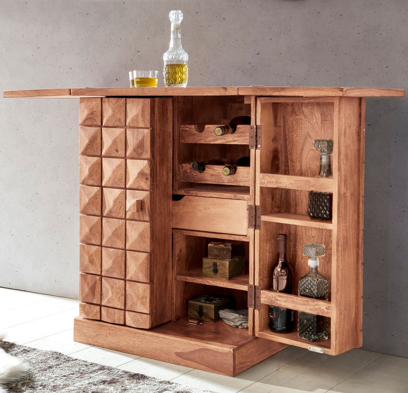 Wohnling Kommode Hausbar LUCCA Akazie Massivholz 65x91x50 cm Weinbar ausklappbar von Wohnling