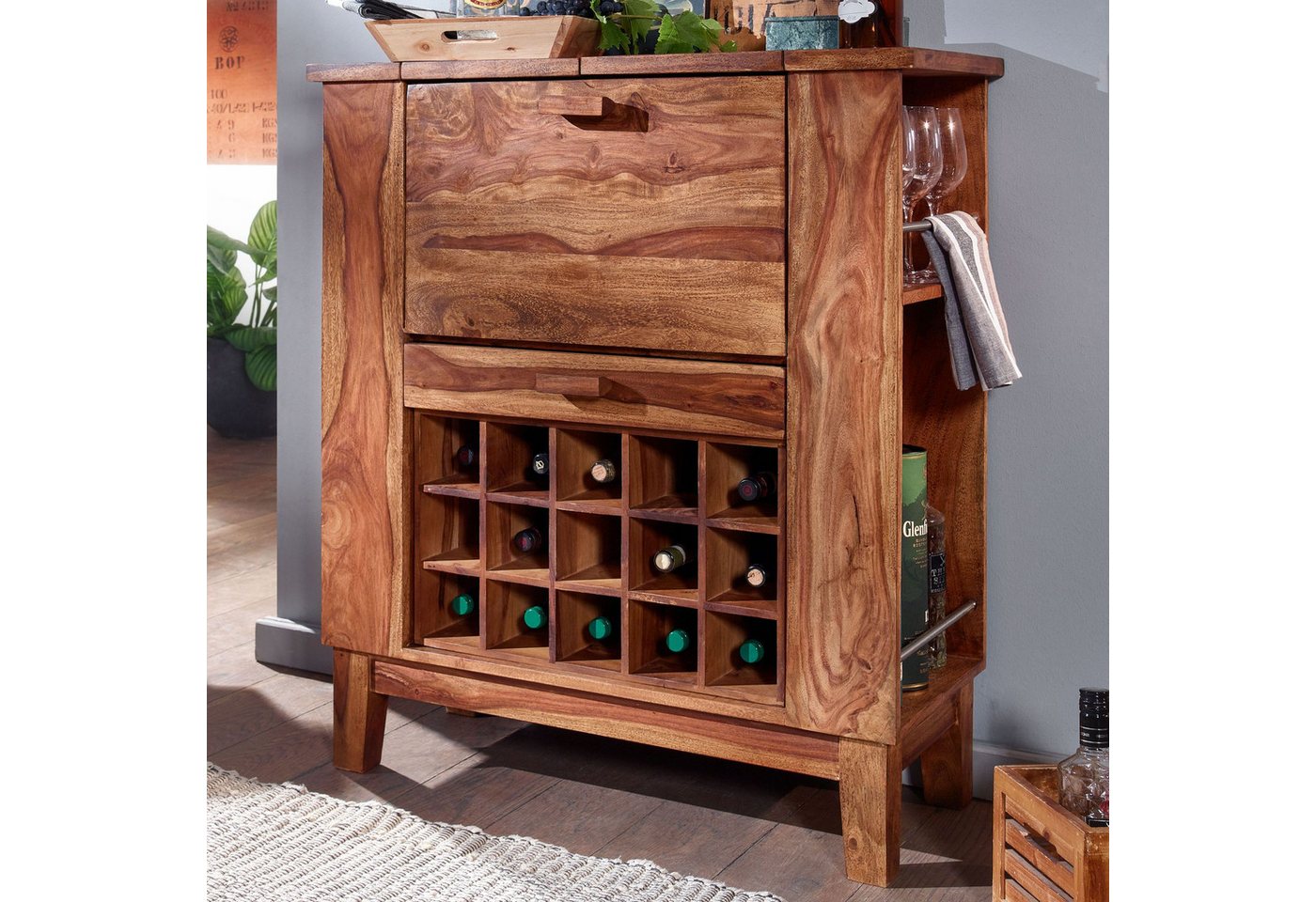 Wohnling Kommode Hausbar Sheesham Massivholz 88x102x40 cm Weinbar ausklappbar von Wohnling