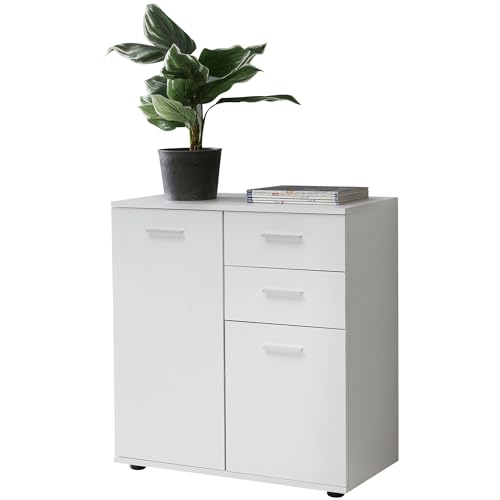 Wohnling Kommode mit Türen & Schubladen 71x78x35,5cm Schrank Holz Weiß, Flurschrank hell modern, Mehrzweckschrank klein, Anrichte Sideboard matt, Kommodenschrank Flurmöbel von Wohnling