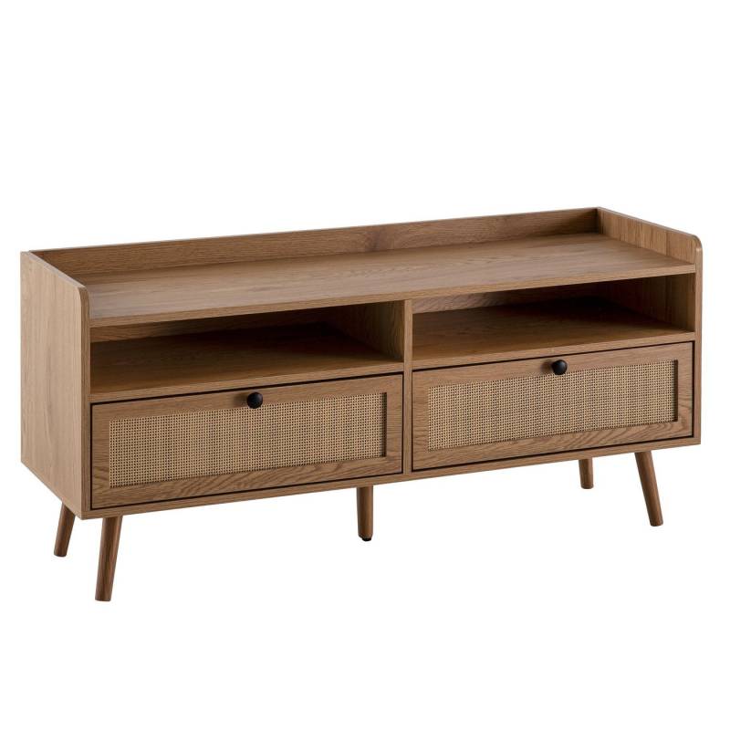 Wohnling Lowboard Lowboard 120x56x39 cm TV-Kommode mit Eiche-Dekor & Rattan, Design (TV-Schrank Hoch mit Schubladen, Fernsehtisch Fernsehschrank Stauraum), TV-Schrank Hoch mit Schubladen, Fernsehtisch Fernsehschrank Stauraum von Wohnling