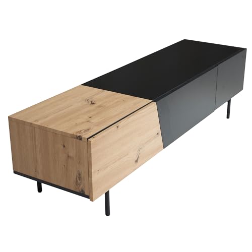 Wohnling Lowboard Schwarz mit Eiche-Dekor 150x40x40 cm TV-Kommode Modern, Design TV-Schrank Niedrig, Fernsehtisch Fernsehschrank mit Türen & Schublade, Fernsehkommode Wohnzimmer von Wohnling