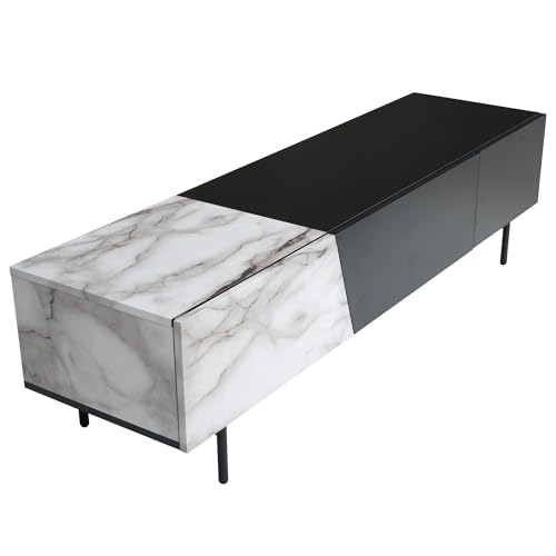 Wohnling Lowboard Schwarz mit Marmor-Dekor in Weiß 150x40x40 cm TV-Kommode Modern, Design TV-Schrank Niedrig, Fernsehtisch Fernsehschrank mit Türen & Schublade, Fernsehkommode Wohnzimmer Modern von Wohnling