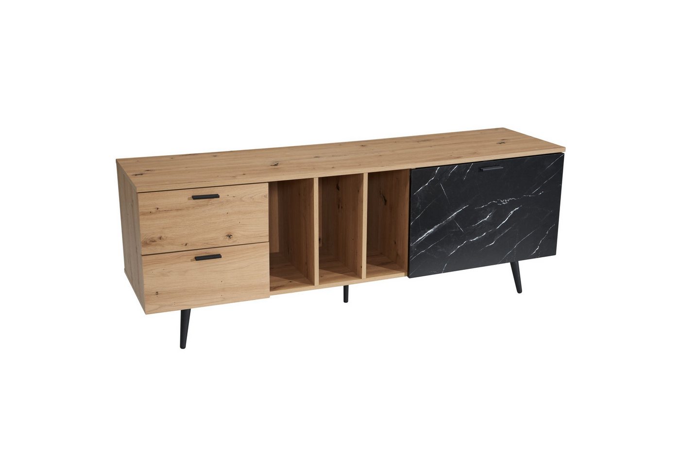 Wohnling Lowboard WL6.821 (Eiche-Dekor, 150x55x40 cm, Marmor, zwei Schubladen), TV-Kommode Hoch, TV-Schrank Modern Fernsehtisch von Wohnling