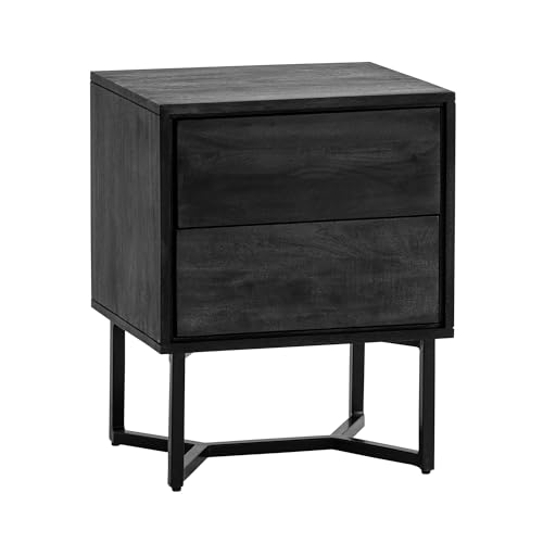 Wohnling Nachttisch Akazie Massivholz 45x40x57 cm Nachtschrank Boxspringbett, Nachtkonsole Schwarz Modern mit 2 Schubladen, Nachtkommode Stauraum & Metallgestell von Wohnling