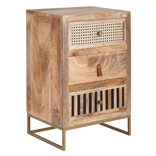 Wohnling Nachttisch Mango Massivholz/Metall 40x60x30 cm Nachtschrank Boxspringbett, Design Nachtkonsole mit 3 Schubladen, Nachtkommode Wiener Geflecht mit Stauraum von Wohnling